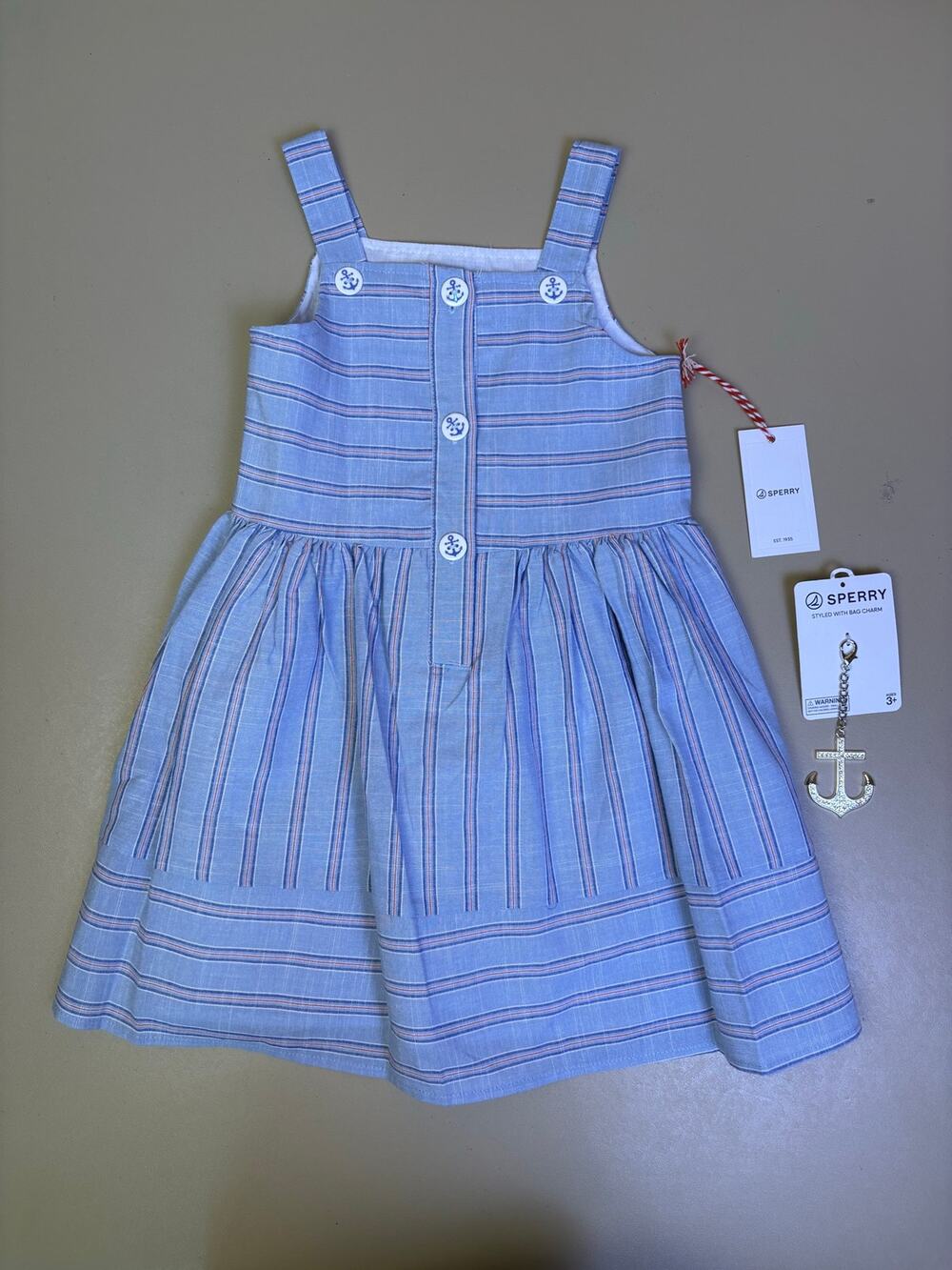 Girls Nautical Striped Dress Size 4 Sperry Blue Anchor Buttons Bag Charm NWT